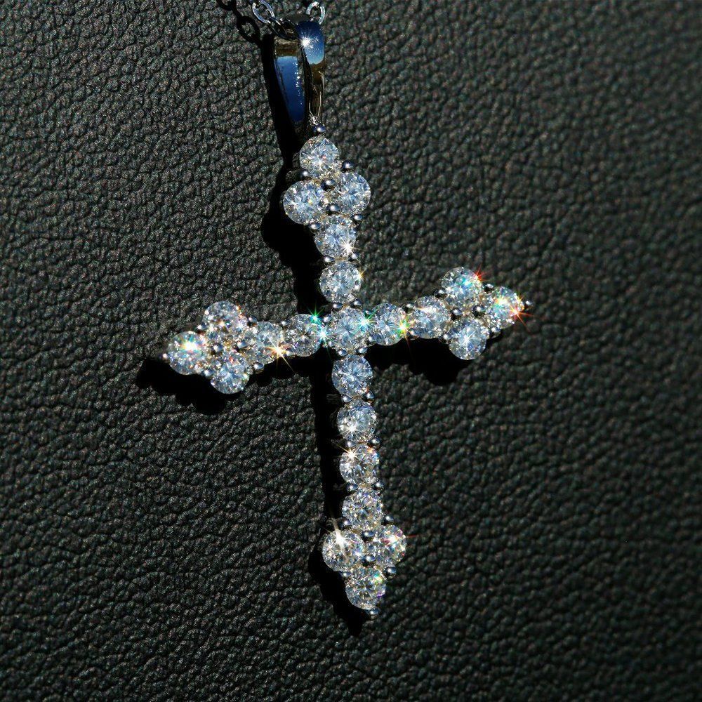 VVS Moissanite Diamond Classic Cross Pendant Necklace Real Solid 925 Sterling